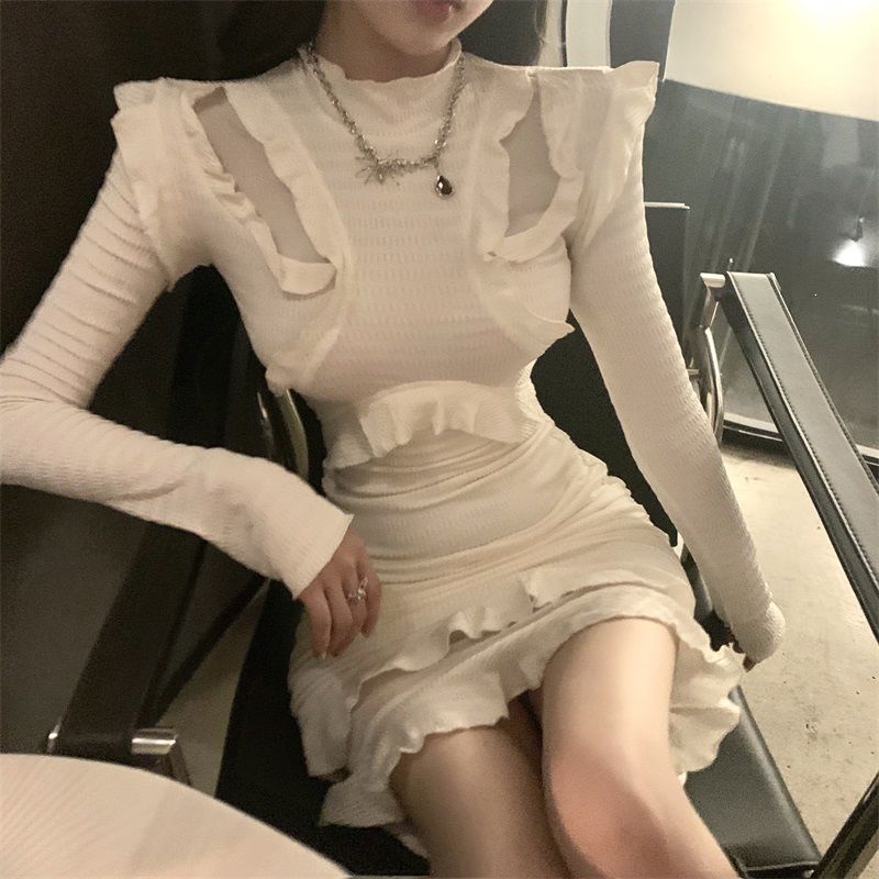 Jiashucheng Đầm Nữ Dài Tay Phối Lưới Dáng Ôm Xếp Ly Phong Cách Tòa Án Pháp