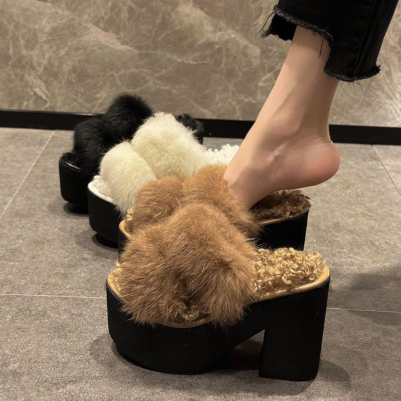 Dép Bông Đi Trong Nhà Bằng Cotton Phối Lông Thỏ Nhân Tạo Hai Quai Ngang Phong Cách Hàn Quốc Dành Cho Nữ