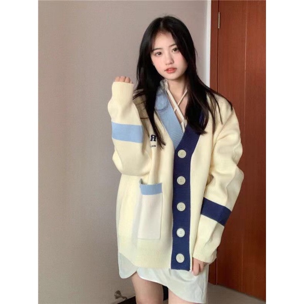 Áo Khoác Cardigan Viền Xanh Nâu FRMLK Form Rộng chew