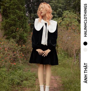 Váy nhung babydoll cổ nơ gấm tiểu thư form rộng