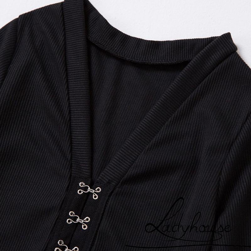 Áo Crop Top Tay Dài Cổ Chữ V Màu Trơn Thời Trang Dành Cho Nữ