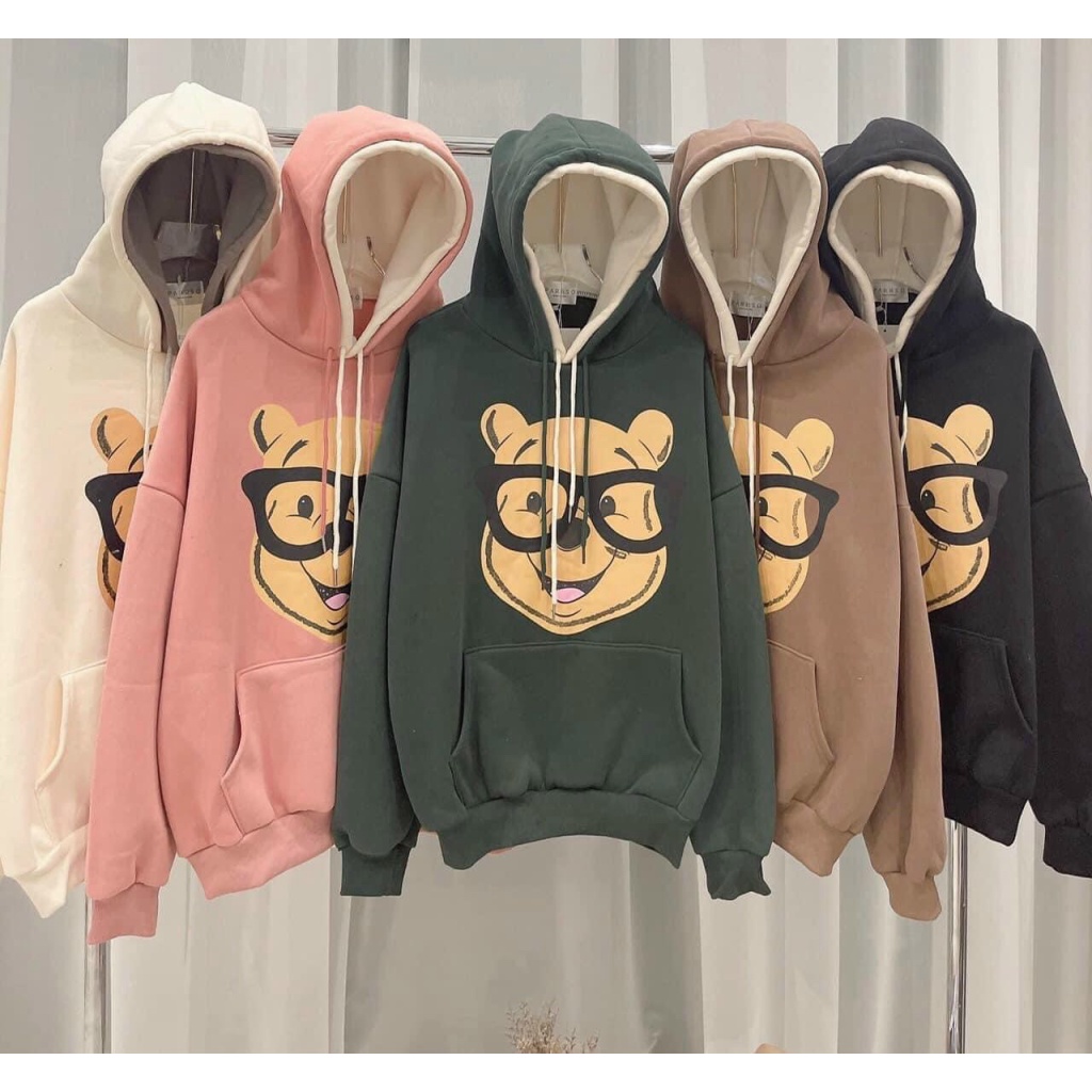 Áo Hoodies Nữ Gấu Đeo Kính Vải Nỉ Dày 2 Nón Form Rộng Mặc Đẹp NEW UNISEX