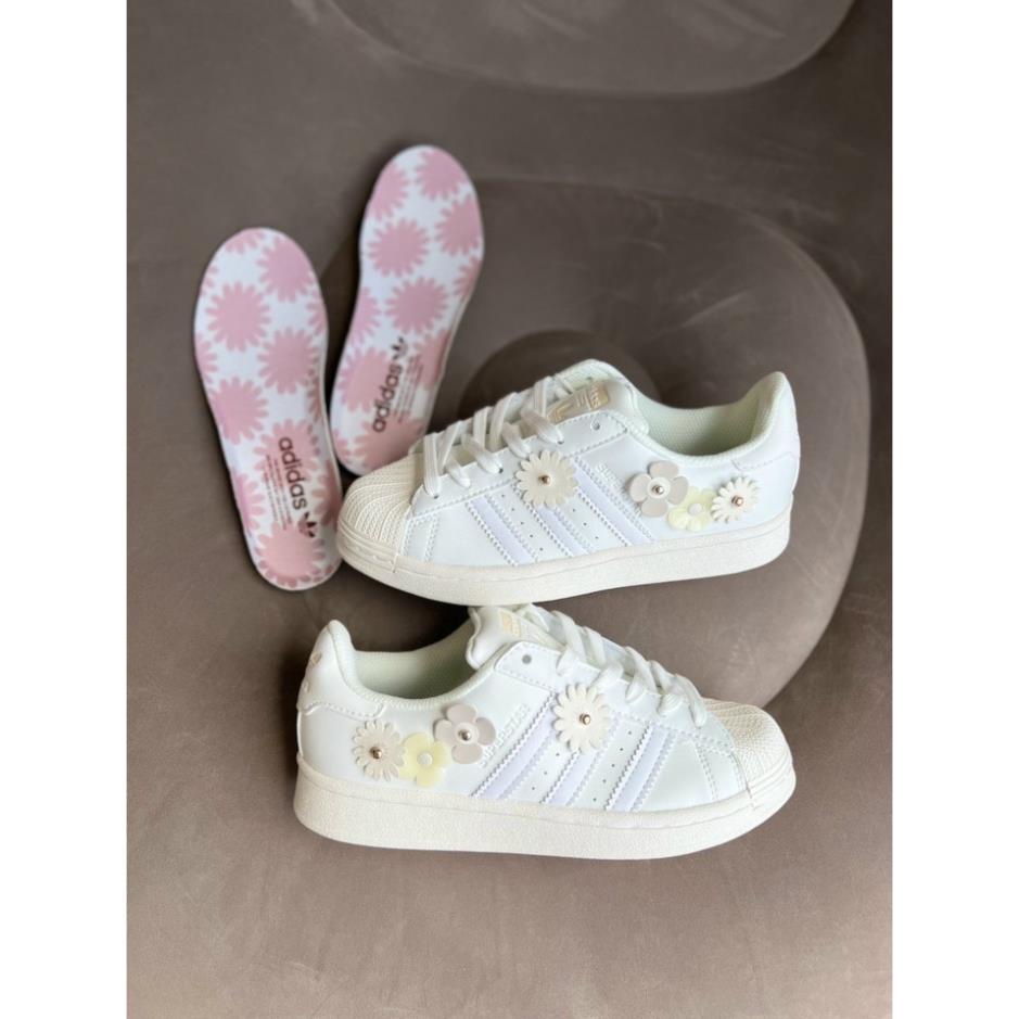 Giày sò Adidas Superstar Das Sò 3 Màu Kem, Hồng, Xanh, Giày thể thao nữ Adidas Sò hoa Trắng bản đặc biệt