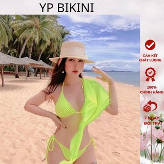 SET 3 món - bộ bikini basic xanh kèm voan cột xanh sexy năng động