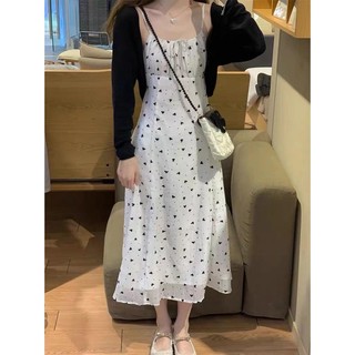 Set váy 2 dây khoác cardigan Evelyn Đầm 2 dây họa tiết chấm bi dáng xòe kèm cardigan phong cách tiểu thư đi dạo phố