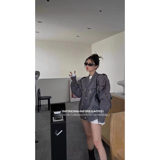 Honypove Áo Khoác Cardigan Dệt Kim Cổ Chữ V Phối Khóa Kéo Thời Trang Mùa Thu Đông Dành