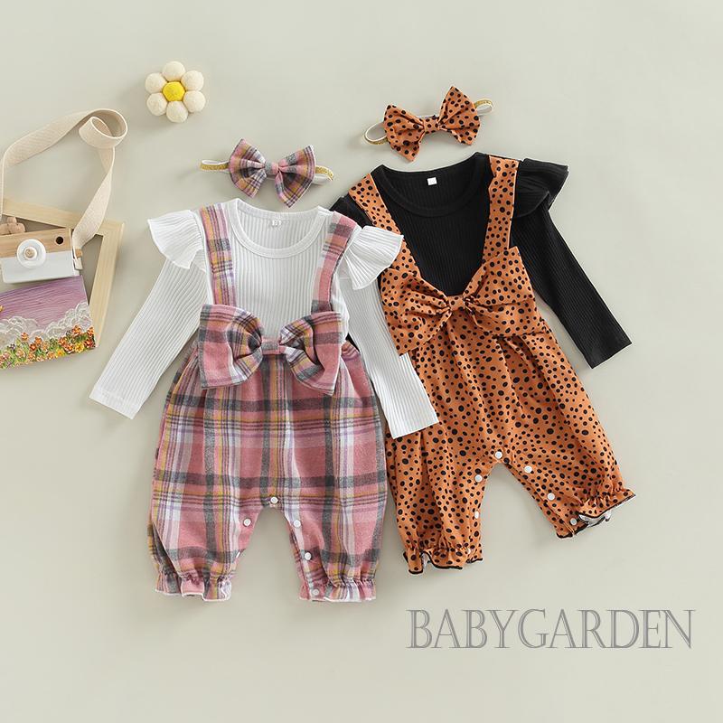 Bộ Áo Liền Quần Tay Dài Cổ Tròn In Họa Tiết Chấm Bi / Chấm Bi Kèm Băng Đô Cài Tóc Xinh Xắn Cho Bé Gái 0-18 Tháng Tuổi