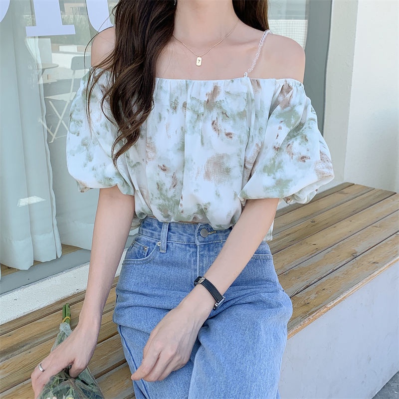 IELGY IELGY Áo Kiểu Trễ Vai Tay Ngắn Dáng Rộng In Họa Tiết Hoa Xinh Xắn Thời Trang Cho Nữ