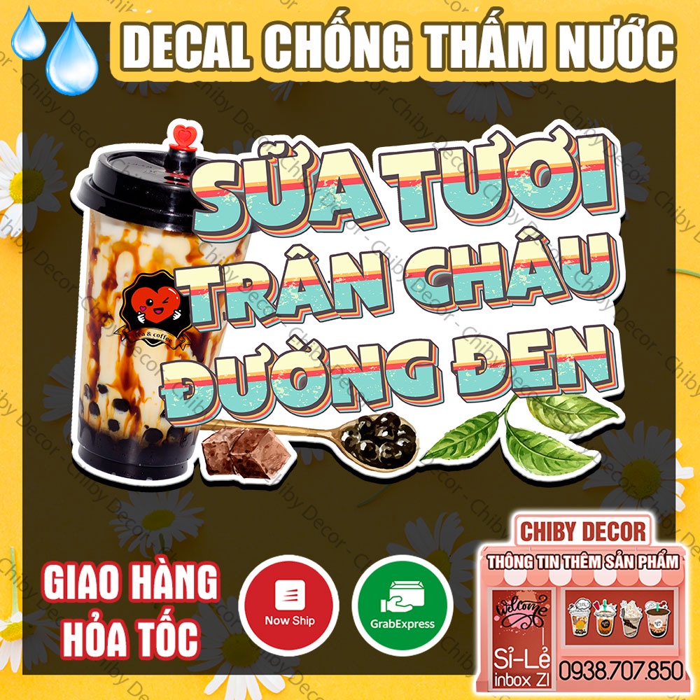 Decal Trang Trí Quán Sữa Tươi Trân Châu Đường Đen Vintage 🌈 Hình Dán Ly Trà Sữa, Sticker Chống Nước, Cắt Sẵn