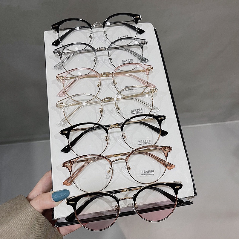 Gọng kính cận nữ nam cao cấp phong cách Hàn Quốc mắt kính không độ râm mát tròn ngố chống tia UV hit hot đẹp HANASO 113