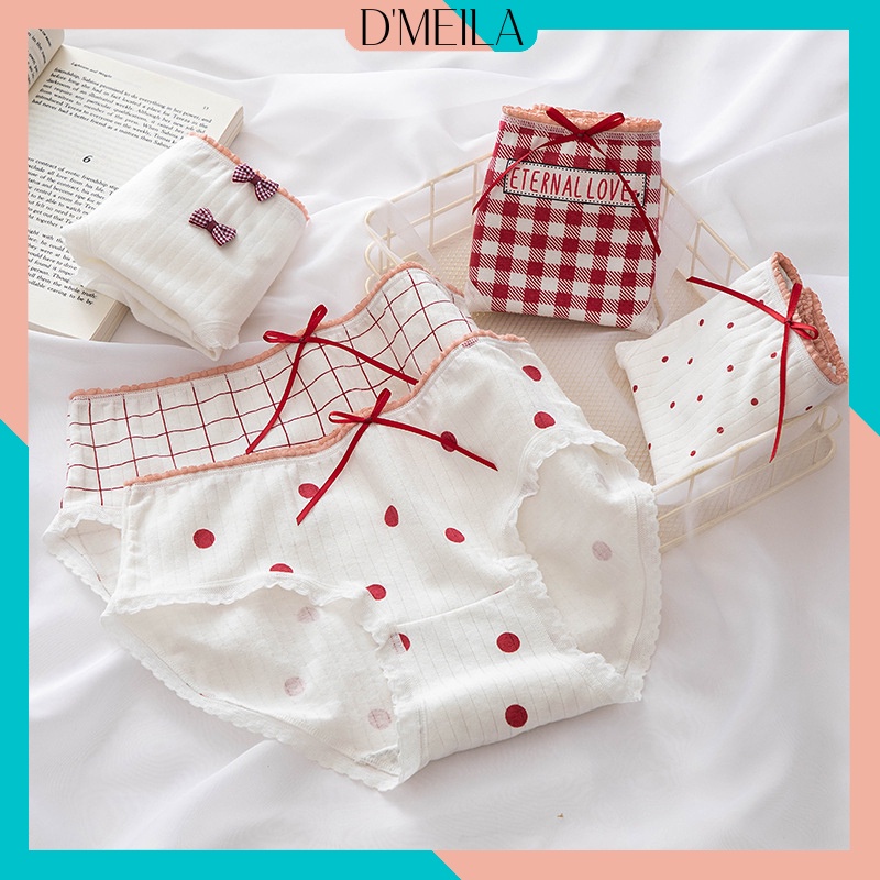 Quần Lót Nữ Cotton Gân Tăm D’Meila – Quần Chíp Nữ Tone Trắng Họa Tiết Chấm Bi Kẻ Caro Dễ Thương 311
