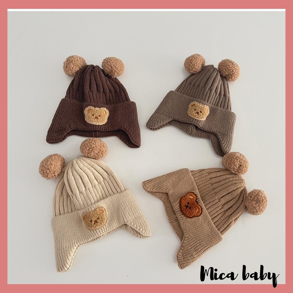 Mũ len bịt tai cục bông đính gấu dễ thương cho bé ML214 Mica baby