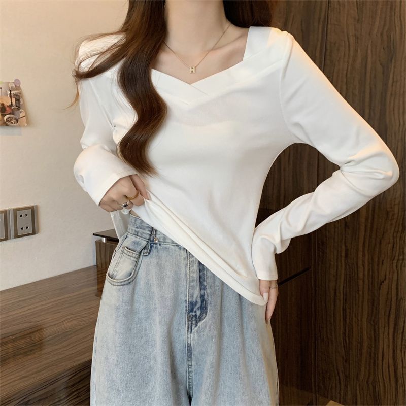 Áo Thun Tay Dài Cổ Vuông Lệch Vai Màu Trắng Thời Trang Mùa Thu Cho Nữ