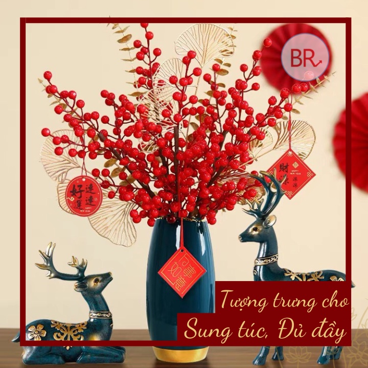 Cành đào đông đỏ trang trí Tết tài lộc – Cành hoa giả tròn trang trí nhà cửa – 01737