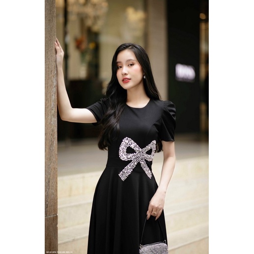 (Có size lớn - Hình thật) Đầm thun cổ tròn tay phồng dáng xoè kết cườm nơ eo cực sang trọng và quí phái 2578