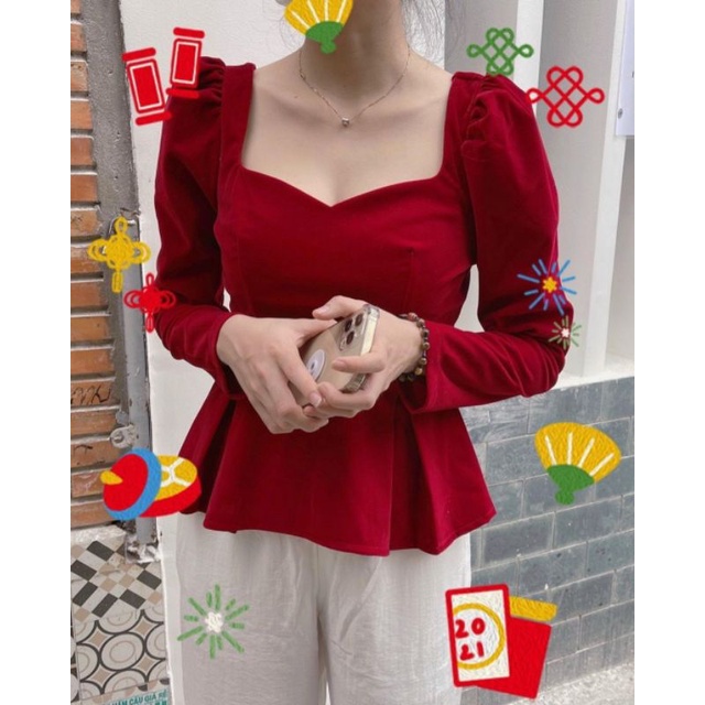 Áo nhung đỏ cổ u dáng xòe