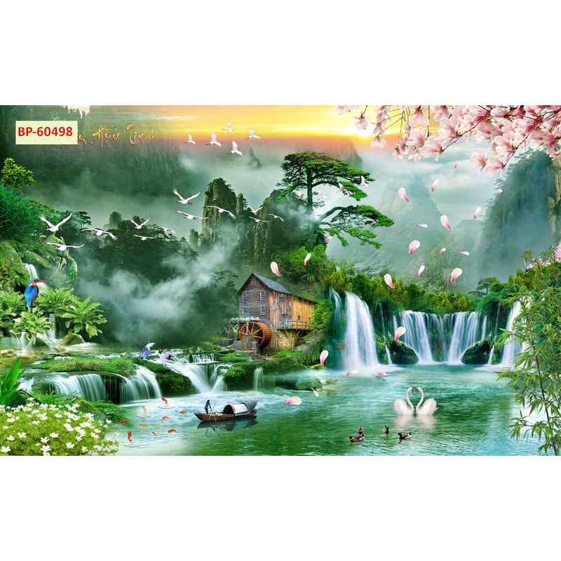 Tranh dán tường Sơn Thủy 3D Cao Cấp Tặng Keo Dụng Cụ Dán