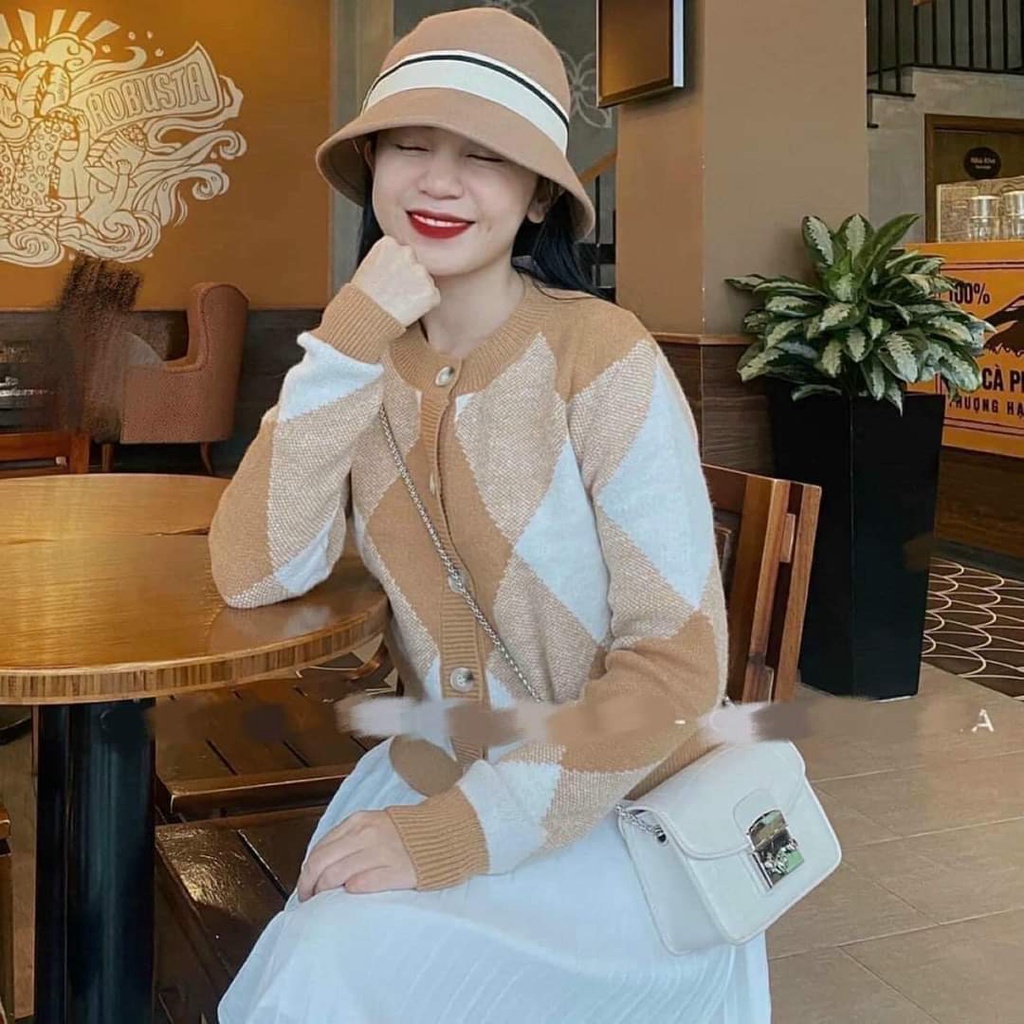 Áo Cardigan Trám Nâu Freesize Áo Choàng Len Họa Tiết Hình Thoi  Chuẩn Quảng Châu