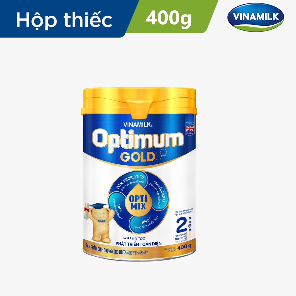 Sữa bột Vinamilk Optimum Gold 2 400g/lon - Sữa công thức hỗ trợ Tăng cân, chiều cao, tiêu hóa, phát triển não bộ