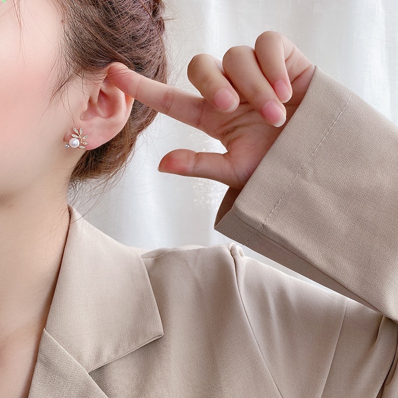 Bông Tai Mạ Bạc 925 Hình Học Đính Đá Zircon Ngọc Trai Thời Trang Cho Nữ