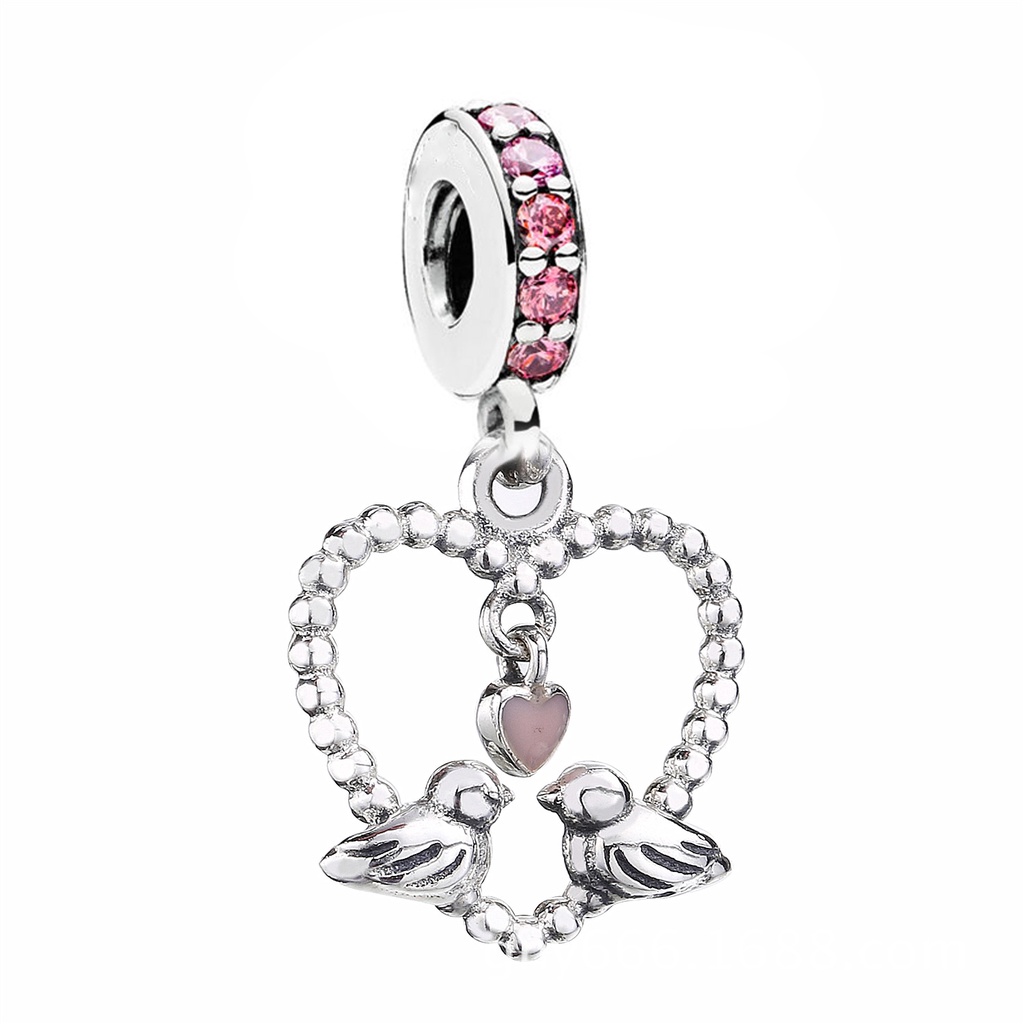 Hạt Charm Hình Trái Tim Và Chim Trái Tim Màu Hồng Tráng Men DIY Làm Trang Sức Cho Nam Và Nữ