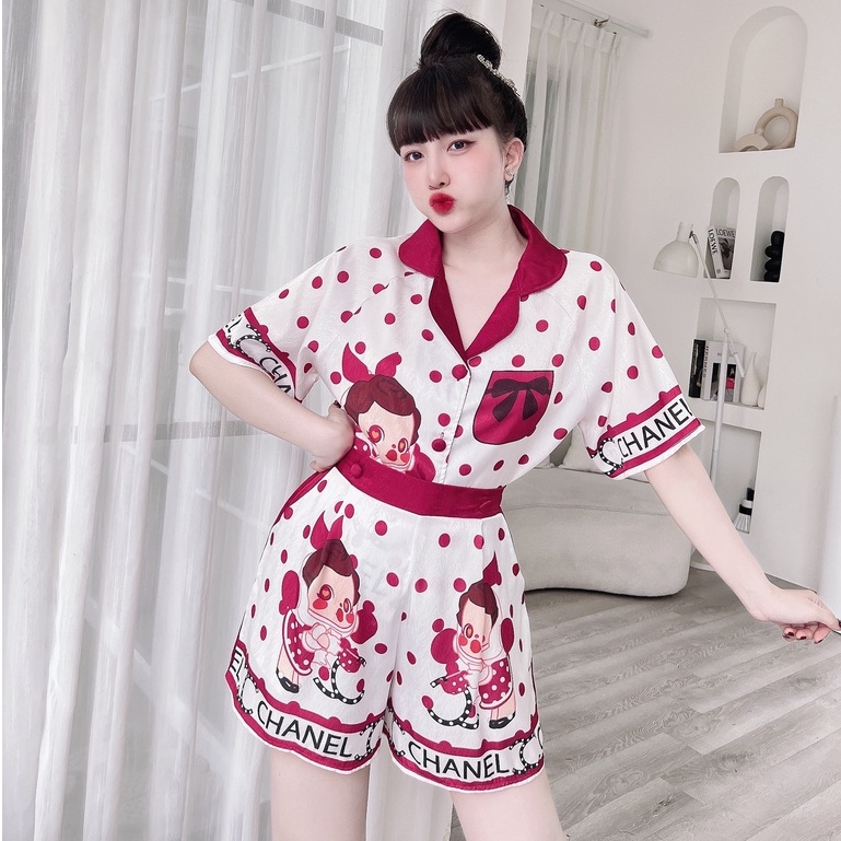 Đồ Mặc Nhà Nữ SOJUN Bộ Pijama CropTop Lụa Xước Tô Châu In 3D Dưới 45-65Kg