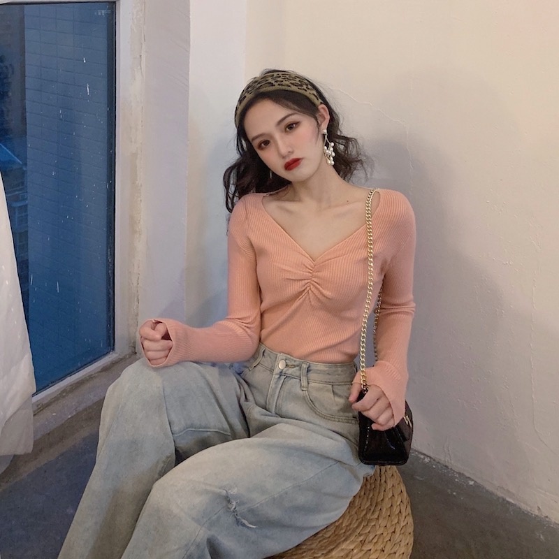 Áo Sweater Dệt Kim Tay Dài Cổ Chữ V Ôm Dáng Màu Sắc Đơn Giản 8 Màu Lựa Chọn Phong Cách Hàn Quốc Dành Cho Nữ