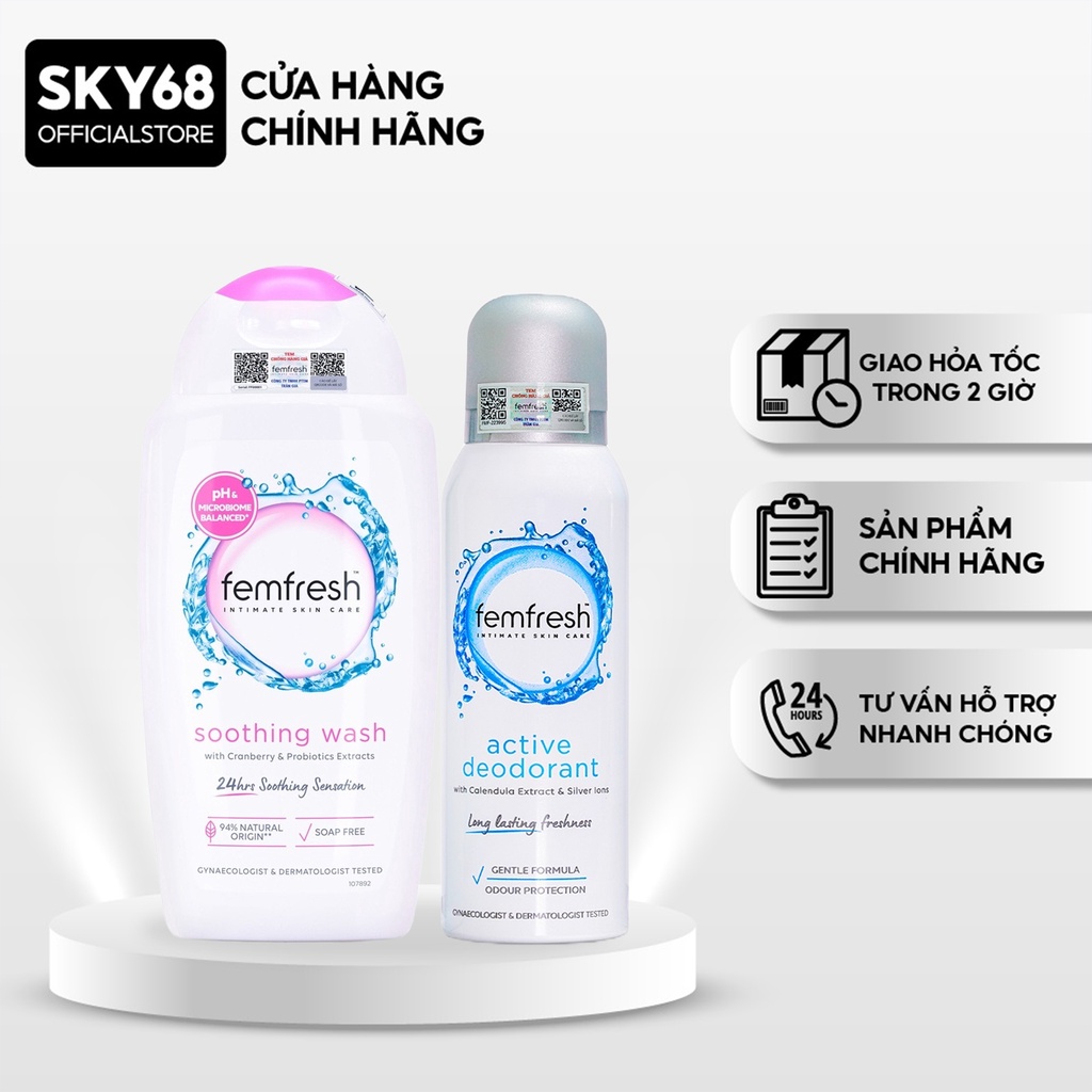 Combo Chăm Sóc Vùng Kín Sạch Sẽ, Thơm Mát Femfresh (DD Soothing Wash - Hồng 250ml + Xịt Active Deodorant - Xanh 125ml)