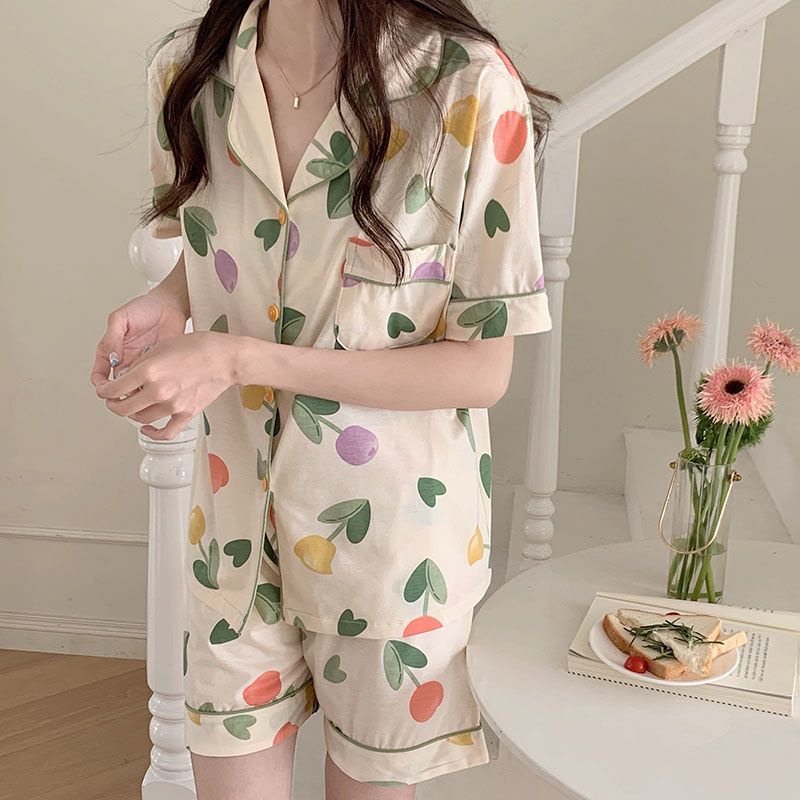 Bộ Đồ Ngủ Ngắn Tay Hai Mảnh Họa Tiết Lá Cây Thời Trang Mùa Hè Hàn Quốc FDX5