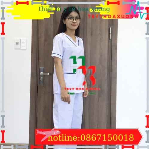 Bộ blouse cổ tim viền XANH DƯƠNG nam nữ cộc tay - bộ scrubs kỹ thuật viên cho điều dưỡng, dược sỹ, y tá, bác sĩ