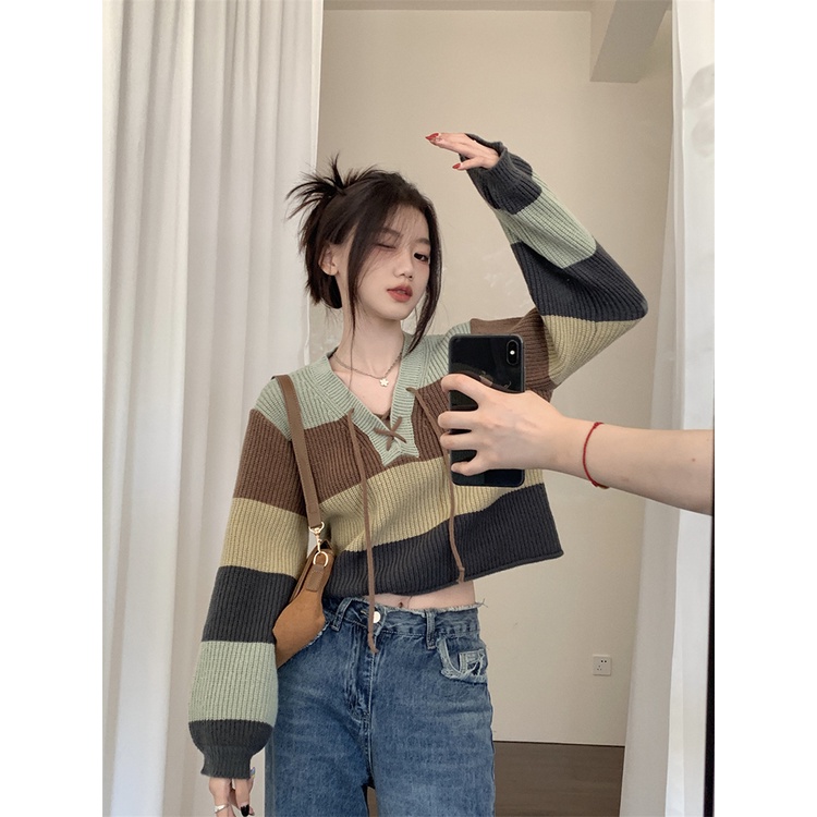 ZHELIHANGFEI Áo sweater Dệt Kim Tay Dài Cổ Chữ V Dáng Rộng Thời Trang Hàn Quốc 2023 Cho Nữ croptop