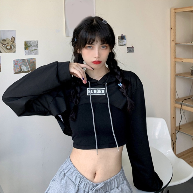 Xiangbao Áo Hoodie Crop Top Dáng Rộng Khoét Lỗ Hở Lưng Phối Dây Rút Gợi Cảm Cho Nữ