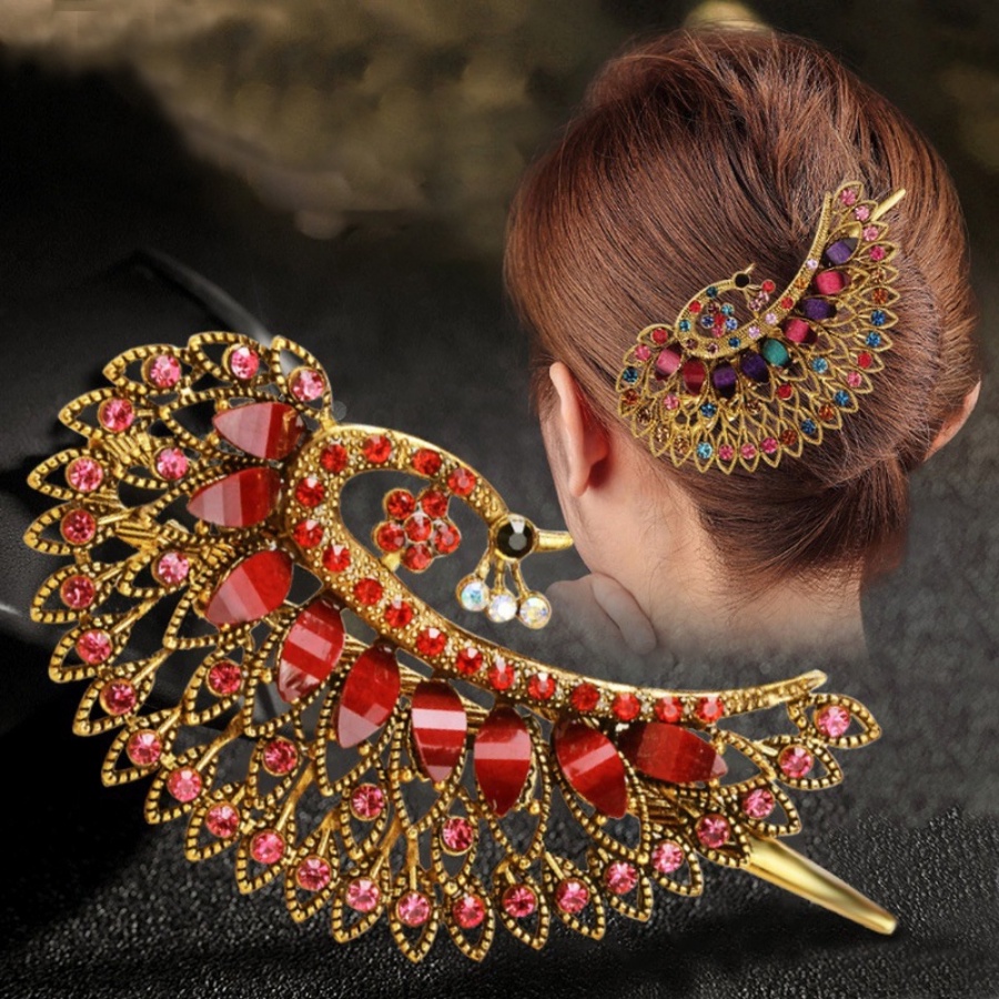 Kẹp Tóc Đuôi Công Bằng Hợp Kim Đính Đá Phong Cách Cổ Điển Cho Nữ