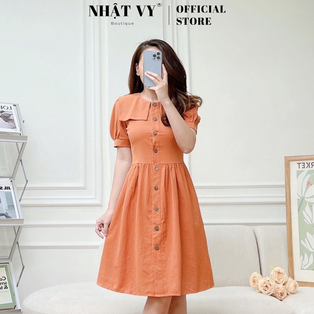 Đầm cổ tròn Nhật Vy tay phồng đính cúc dáng xoè chất lụa xước phù hợp cafe dạo phố đi chơi sang chảnh - D2464