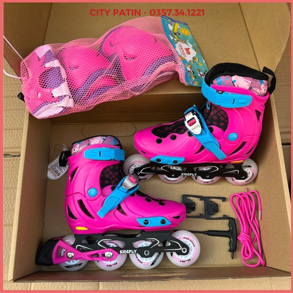 Patin trẻ em người lớn Kingfly W198 bánh cao su đặc, 8 bánh sáng đèn, giày trượt patin chính hãng có bảo hành