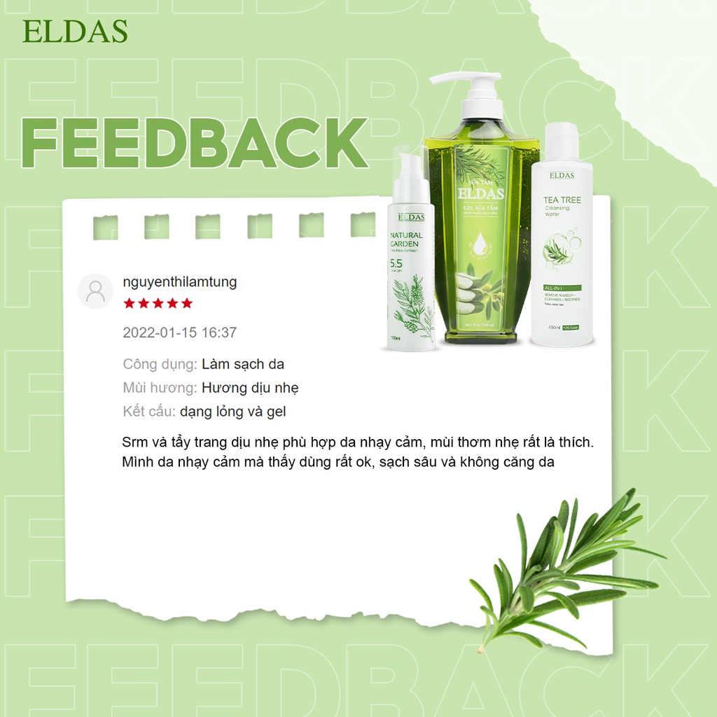 Combo Sữa Tắm Mụn Lưng Eldas &amp; Sữa Rửa Mặt Dịu Nhẹ &amp; Nước Tẩy Trang Tinh Chất Tràm Trà 550ml/chai, 100ml/chai,250ml/chai