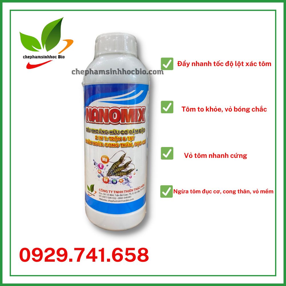 Siêu Khoáng NANOMIX siêu khoáng hữu cơ đậm đặc, ngăn ngừa cong thân và đục cơ cho tôm. Chai 1 Lít