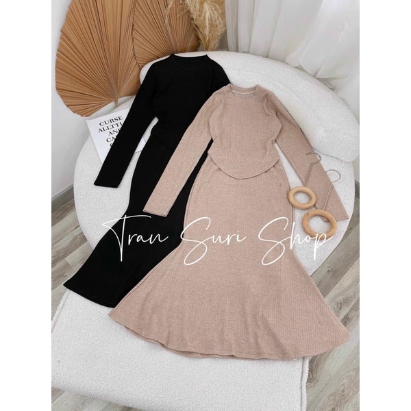 SET ÁO LEN GÂN SỌC KÈM VÁY ĐUÔI CÁ