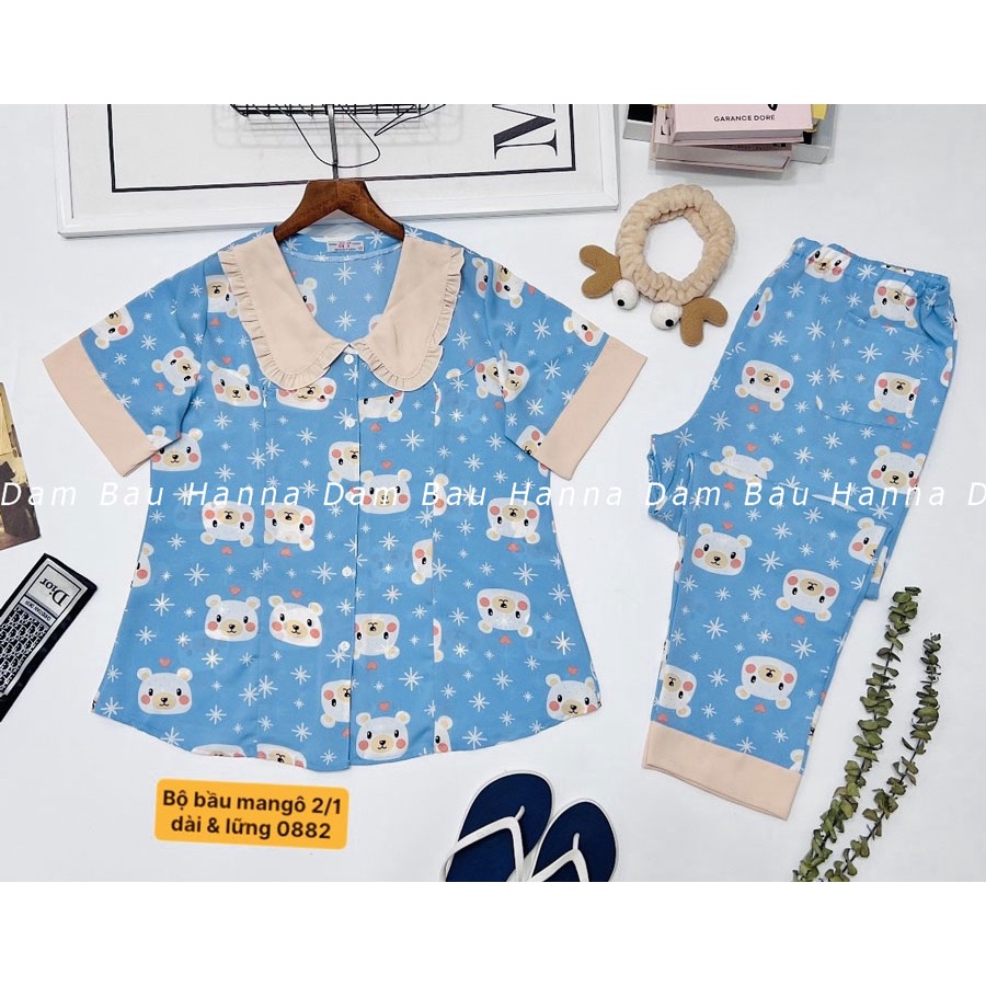 [HANNA 40-65KG] Đồ bộ bầu và sau sinh tay ngắn quần dài free size có khóa cho bé ty có lưng thun điều chỉnh bụng có 2 si