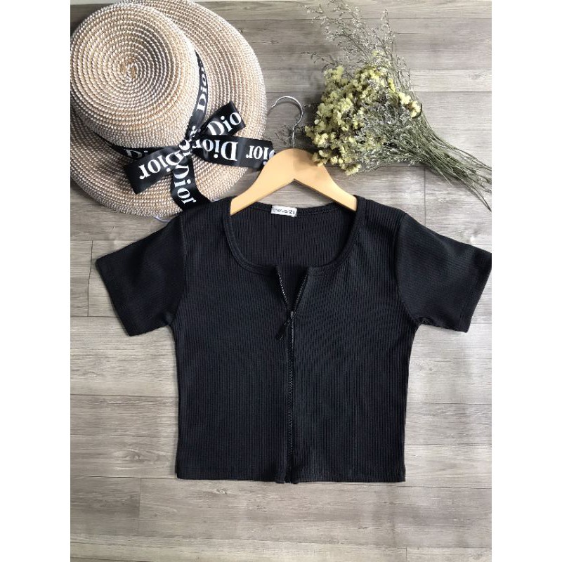 Áo Croptop Dây Kéo Tay Ngắn Nữ Chất Thun Gân Dày Dặn