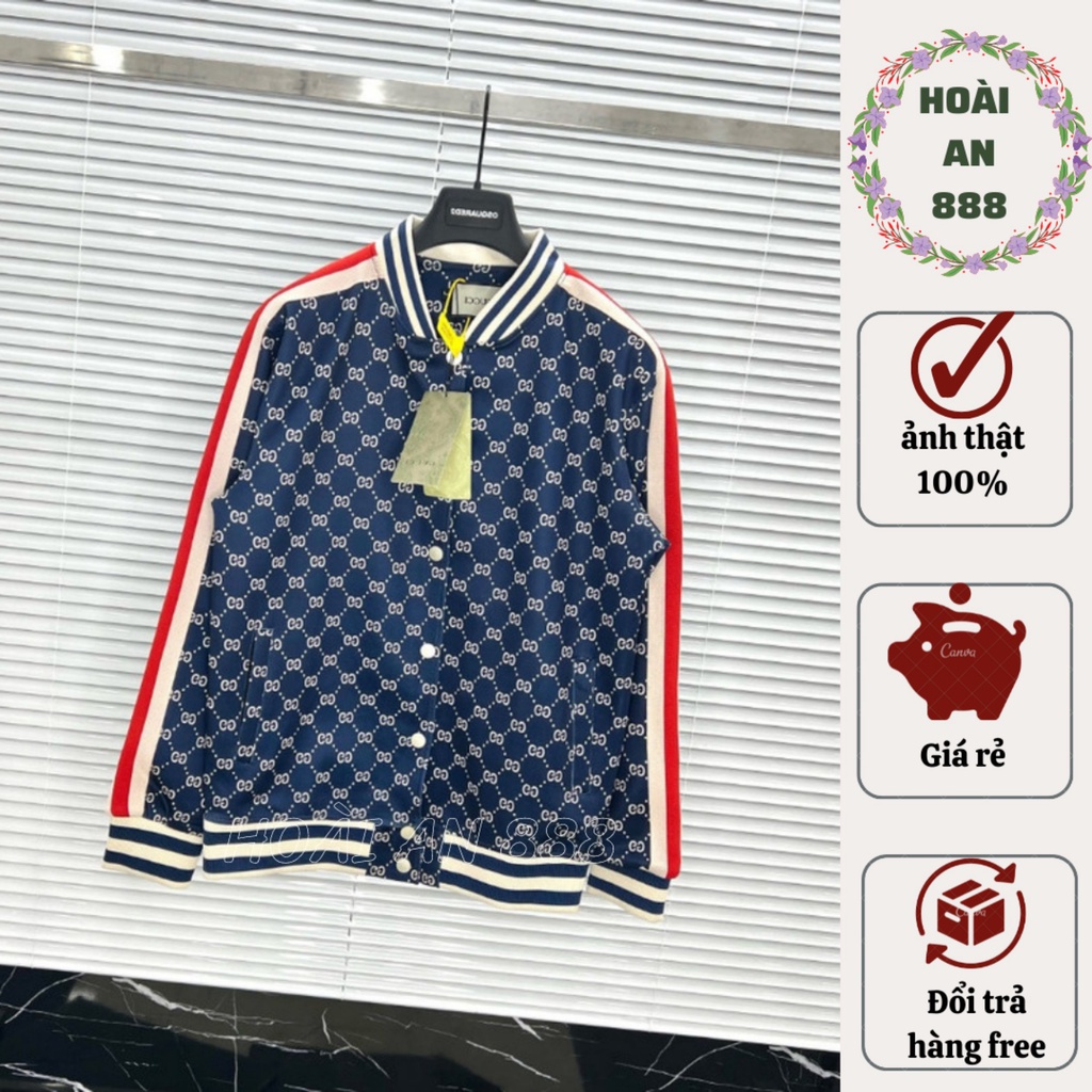 Áo Khoác Bomber Xanh Than Hoạ Tiết GG Sọc Tay Đỏ Thời Trang Trẻ