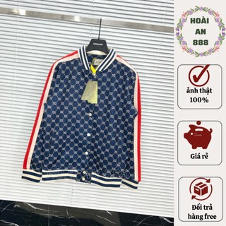 Áo khoác bomber xanh than hoạ tiết gg sọc tay đỏ thời trang trẻ