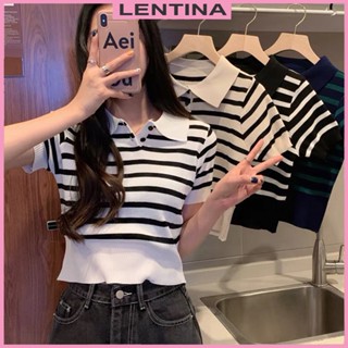 Áo polo croptop len mongtoghi dệt kim nữ tay ngắn dáng rộng kẻ sọc ngang kiểu cổ bẻ  phong cách hàng Quảng Châu cao cấp