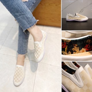 Giày slip on nữ trắng kem hoạ tiết caro da lì sliponcaro