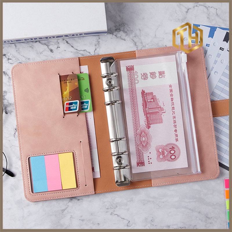 Sổ Còng Ghi Chú Ghi Lập Hoạch Chi Tiêu Đựng Tiền Bìa Da Pu Lộn, Sổ Tiết Kiệm Tiền, 6 Còng 12 Túi Zip, Nhãn 3 Màu