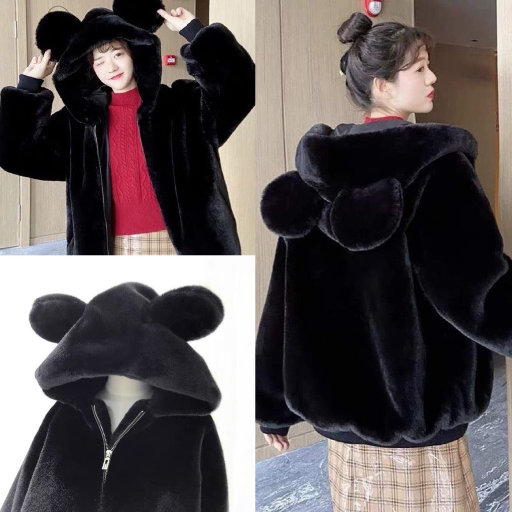 Áo khoác lông nữ 2 lớp ấm áp màu nâu đen mượt mà-áo lông cừu mùa đông form rộng tai gấu dễ thương kiểu hàn quốc ulzzang | BigBuy360 - bigbuy360.vn