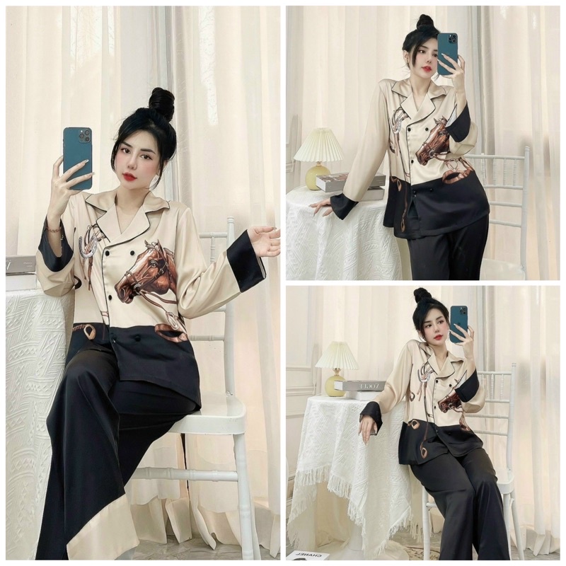 pijama lụa mịn cao cấp Quảng Châu tay dài ngực nâu