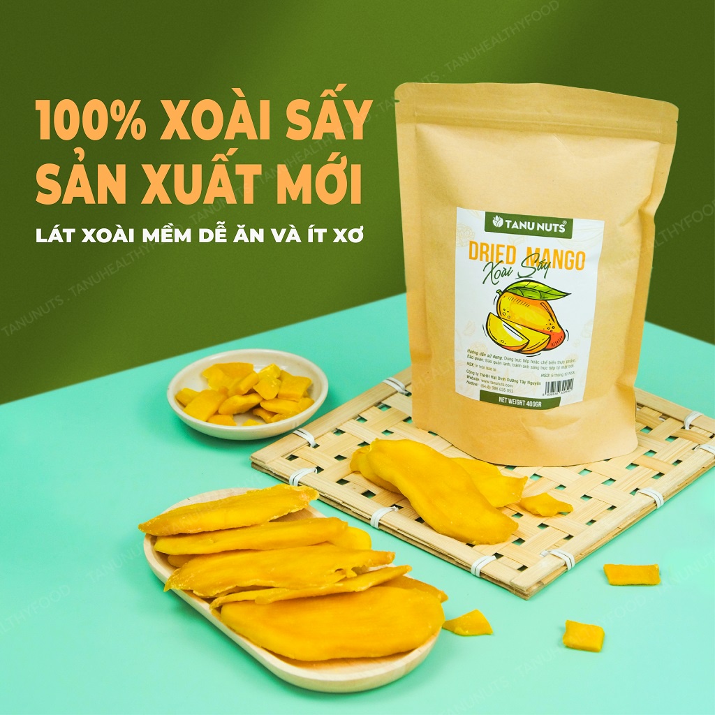 Xoài sấy dẻo TANU NUTS túi 400g, trái cây sấy tốt cho người ăn kiêng giảm cân.