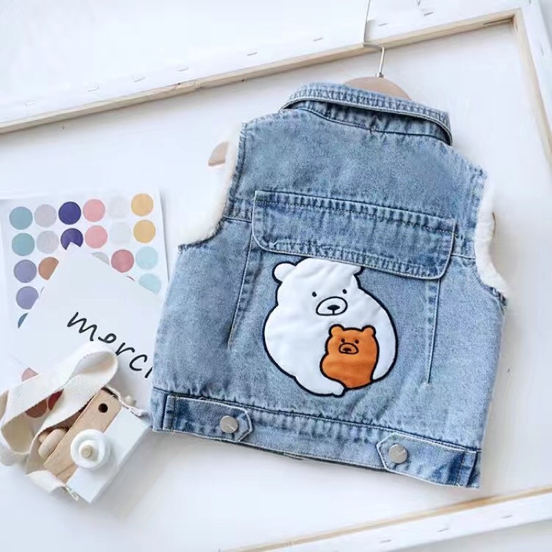 Áo gi-lê jean lót lông in hình gấu cho bé trai bé gái