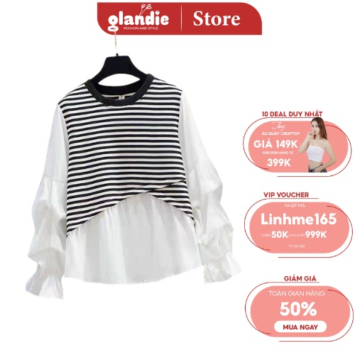 Áo len kẻ phối sơ mi tay bồng kiểu dáng xinh xắn, trẻ trung Glandie